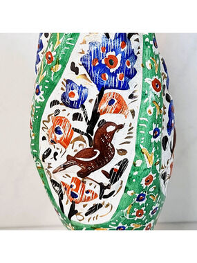 Iznik Ottoman Metal Vase Hand Painted Birds Floral Maximalist Boho 8.5 Inch